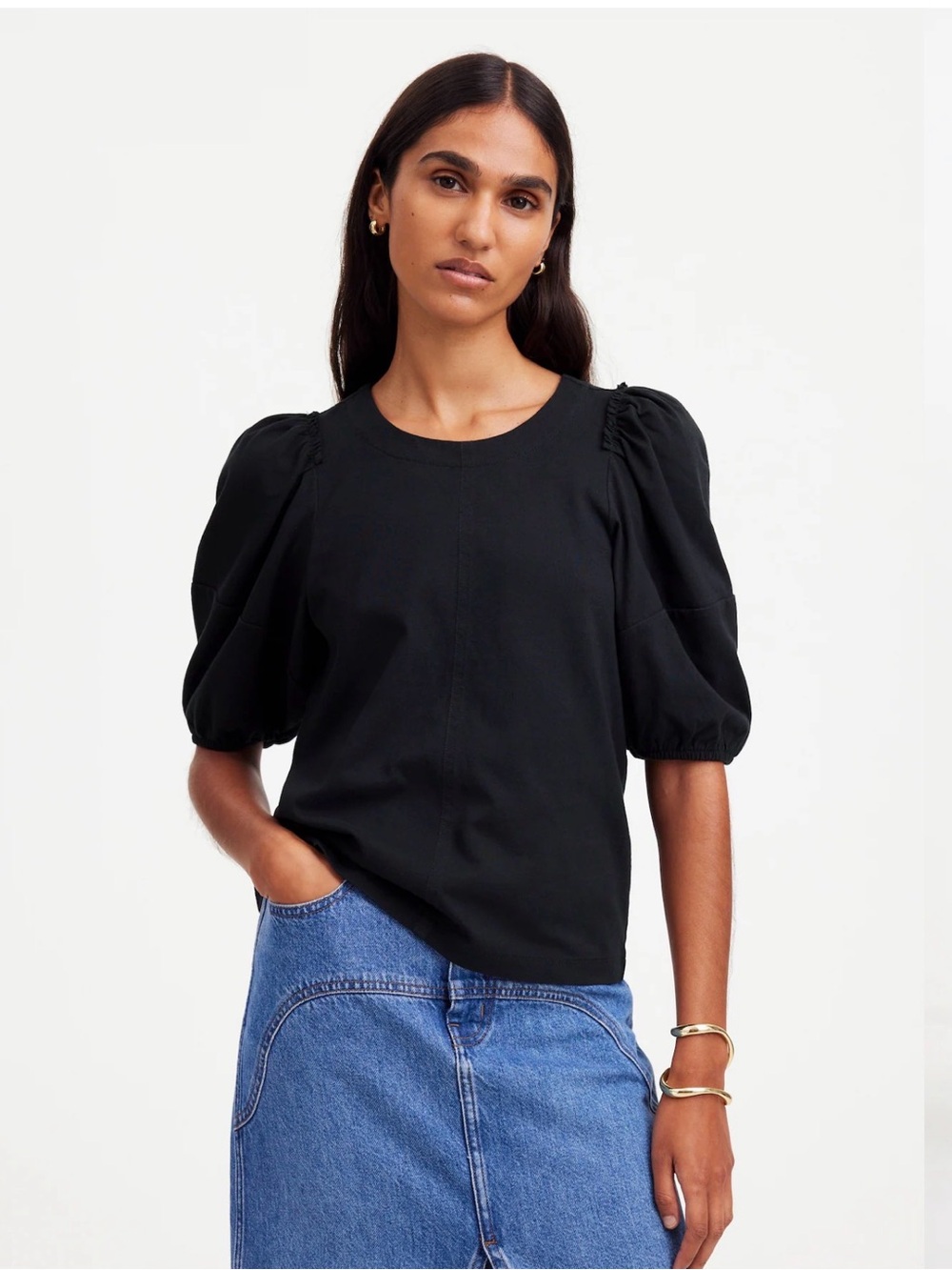 Black Puff-Sleeve Crewneck Top - Unbranded